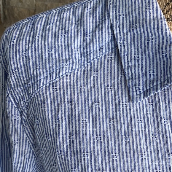 Free People blue white stripe button down split back cotton long sleeve shirt - Picture 7 of 16